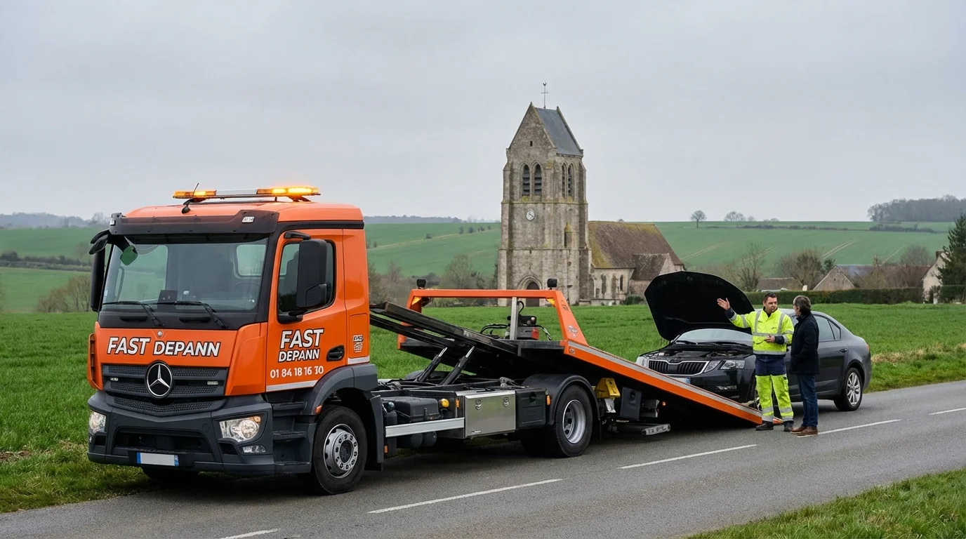 Dépanneuse Fast Depann en intervention sur une route de campagne à Abbéville-la-Rivière
