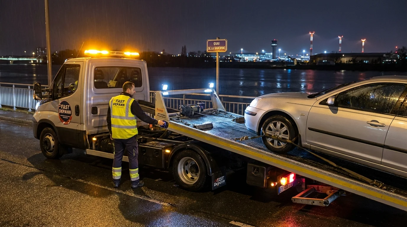 Dépanneuse Fast Depann en intervention nocturne pour remorquer une voiture en panne dans une rue d'Ablon-sur-Seine (94480) près des quais de Seine.