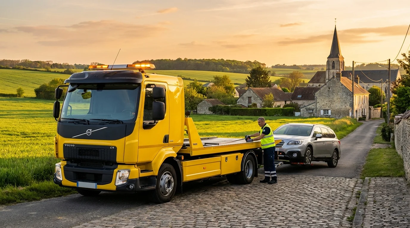 Camion de remorquage Fast Depann intervenant sur une petite route de campagne à Amenucourt (95510) dans le Vexin français.