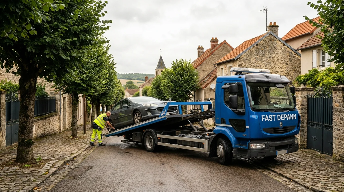 Camion de remorquage Fast Depann intervenant pour une voiture en panne dans une rue résidentielle d'Andilly 95580