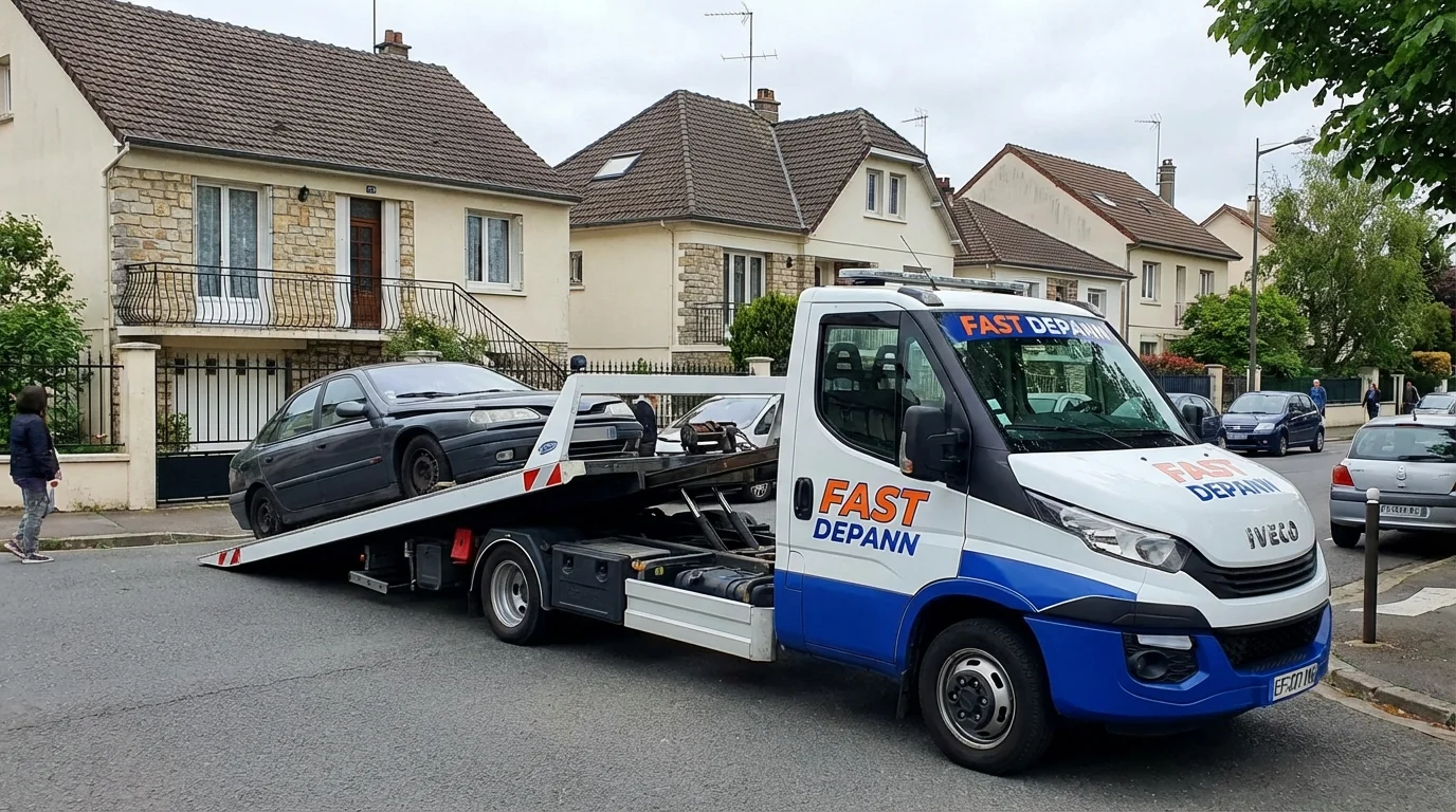Dépanneuse Fast Depann en intervention remorquage voiture dans une rue résidentielle à Arnouville 95400