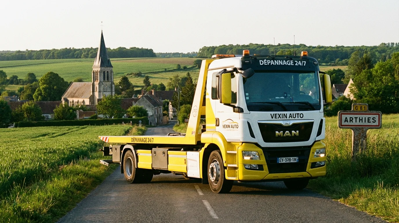 Dépanneuse Fast Depann en intervention à l'entrée du village d'Arthies (95420) dans le Vexin.