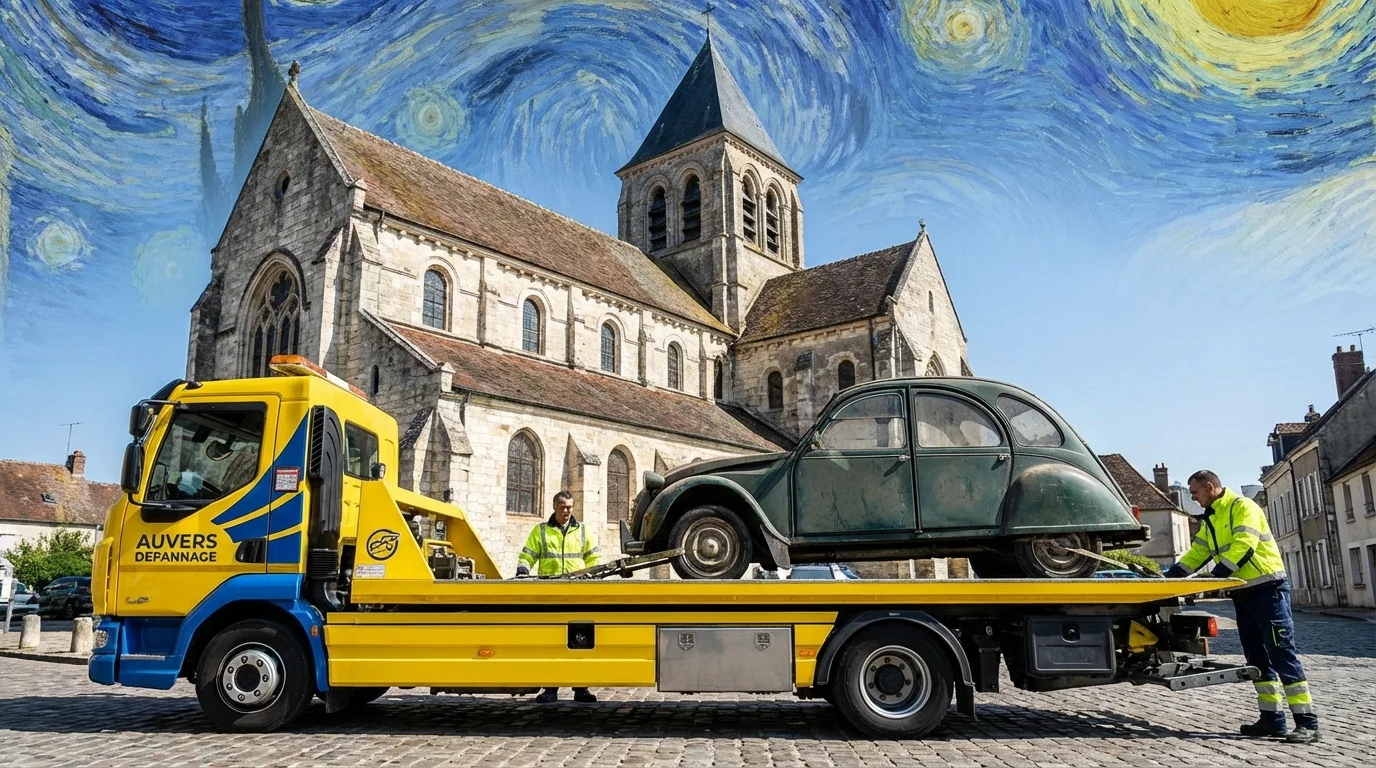 Camion de dépannage Fast Depann remorquant une voiture en panne devant l'église d'Auvers-sur-Oise.