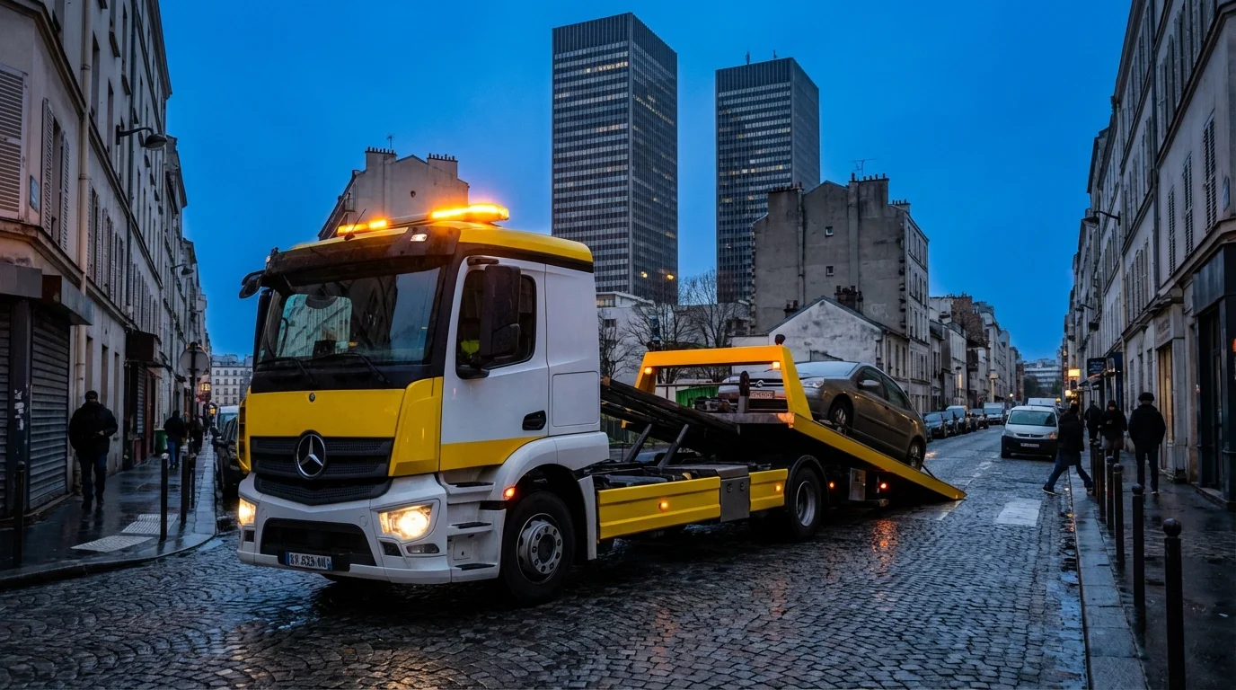 Dépanneuse Fast Depann en intervention à Bagnolet devant les tours Mercuriales