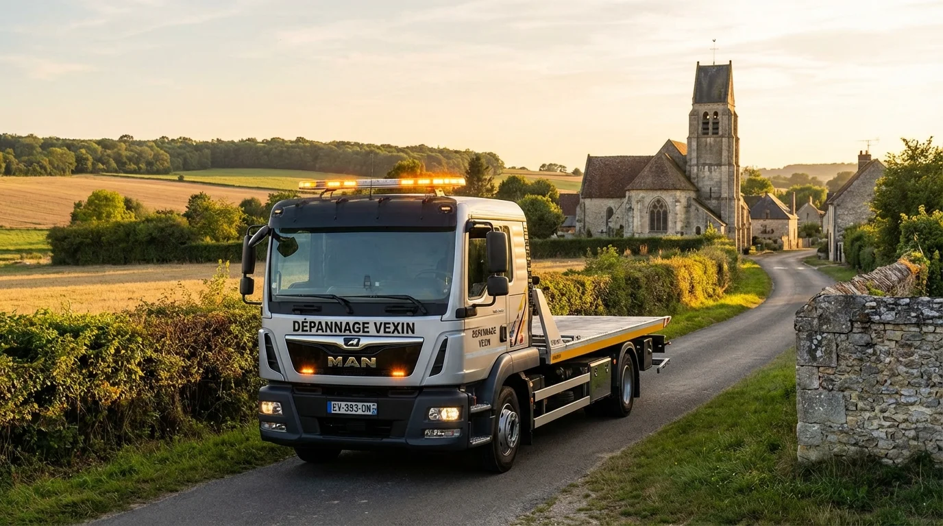 Dépanneuse Fast Depann en intervention sur une route de campagne à Banthelu dans le Vexin français