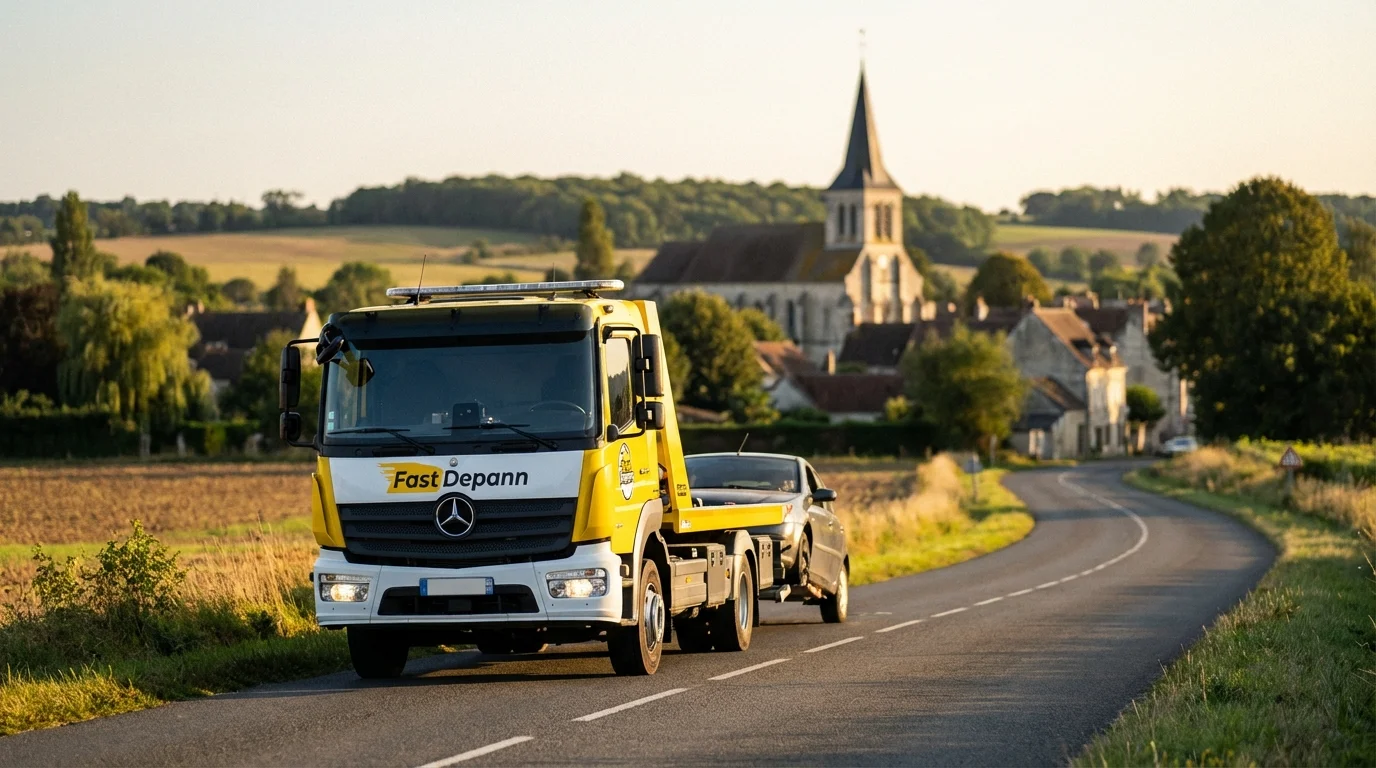 Dépanneuse Fast Depann remorquant un véhicule en panne sur une route rurale à Beauvoir 77390