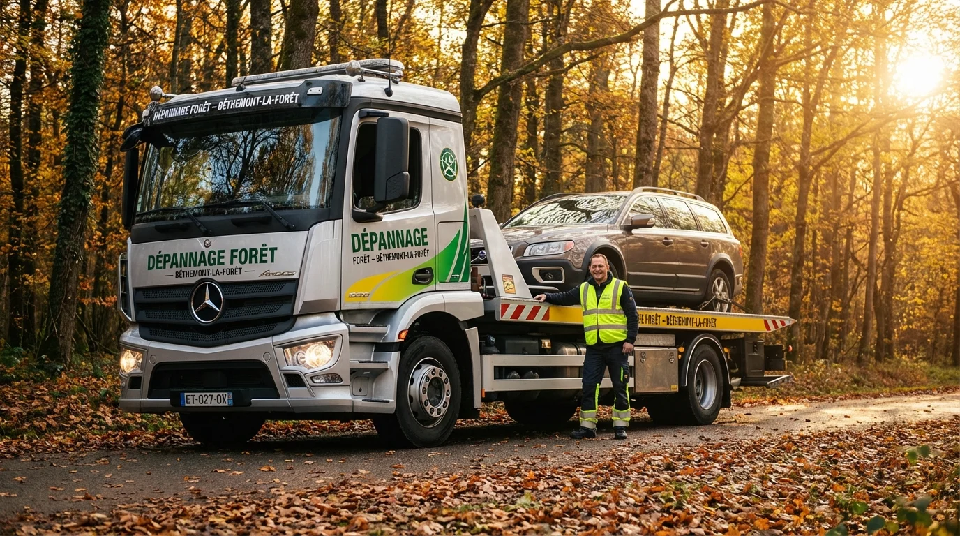 Dépanneuse Fast Depann intervenant sur une route forestière à Béthemont-la-Forêt pour une assistance automobile