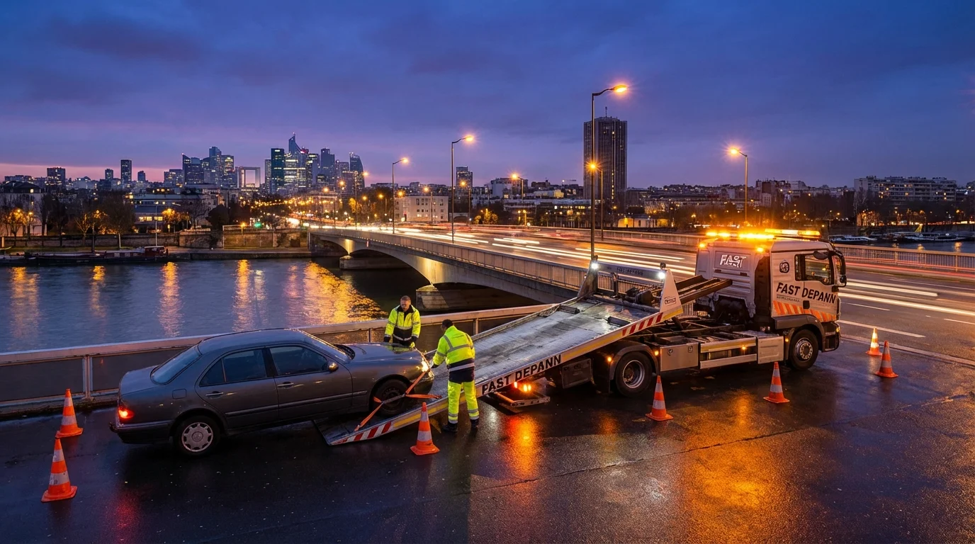 Dépanneuse Fast Depann en intervention sur le Pont de Bezons au crépuscule avec vue sur la Seine