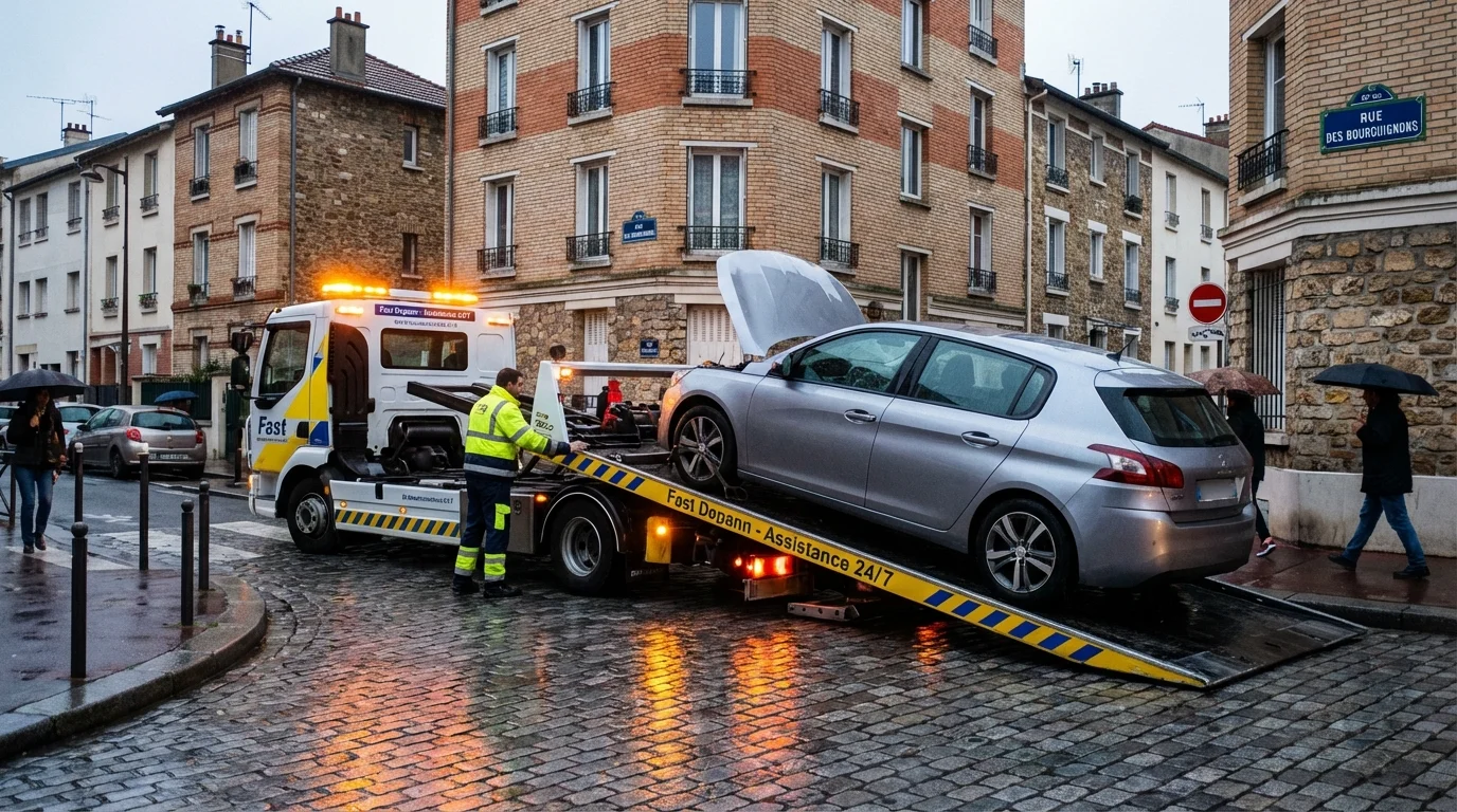 Dépanneuse Fast Depann en intervention de remorquage d'une voiture en panne rue des Bourguignons à Bois-Colombes (92270).