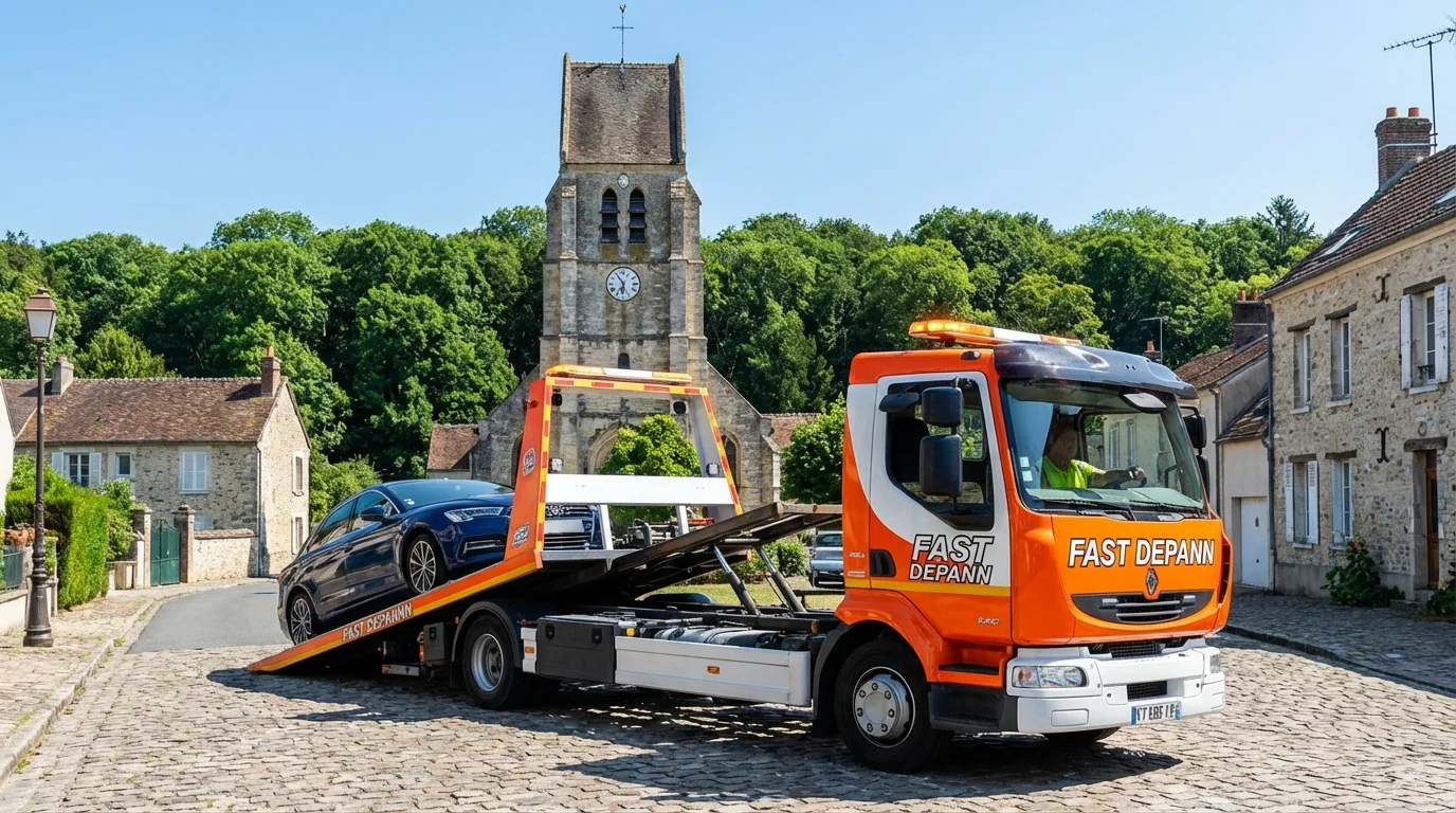 Dépanneuse Fast Depann intervenant sur une voiture en panne à Boisemont 95000 près de l'église