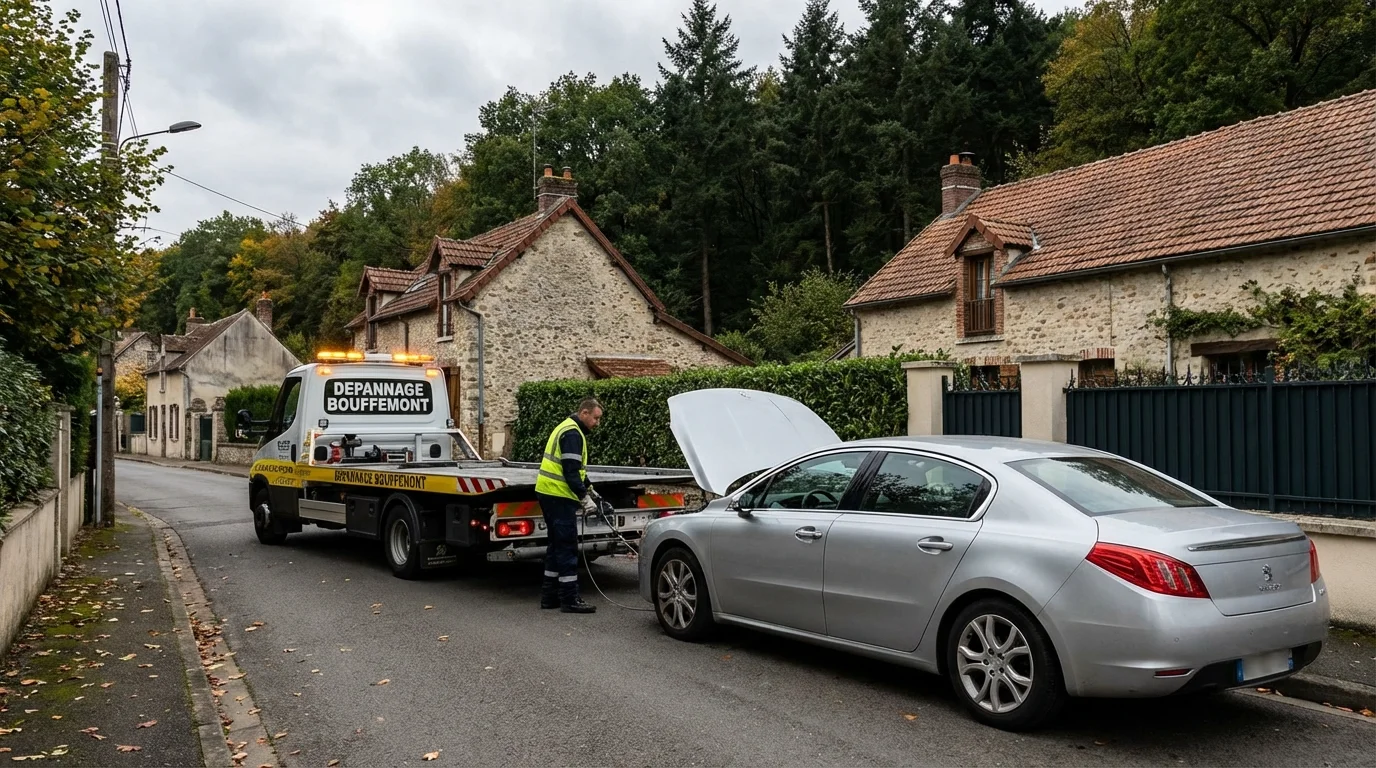 Camion de dépannage Fast Depann intervenant rue de la République à Bouffemont pour une voiture en panne