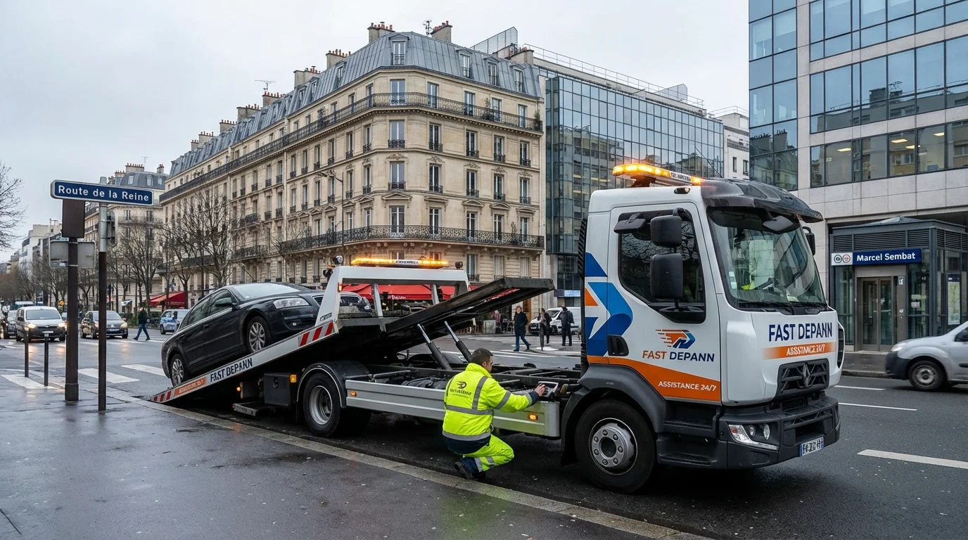 Dépanneuse Fast Depann en intervention de remorquage d'une voiture en panne sur la Route de la Reine à Boulogne-Billancourt (92100).