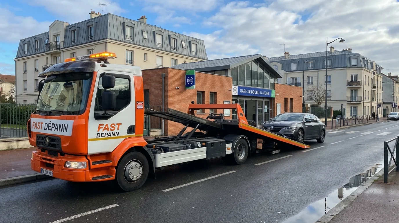 Dépanneuse Fast Depann en intervention de remorquage devant la gare RER de Bourg-la-Reine (92340).