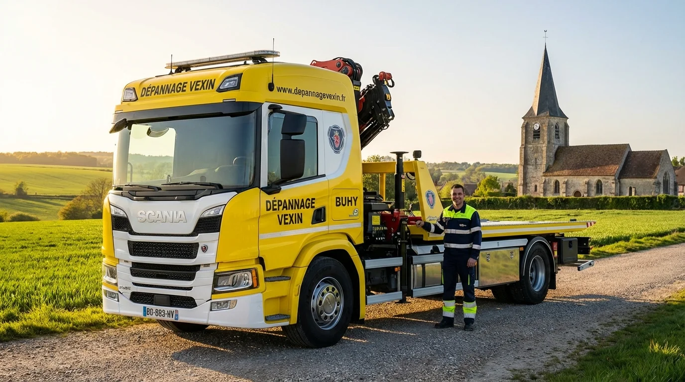 Dépanneuse Fast Depann intervenant sur une route de campagne à Buhy (95770) dans le Vexin