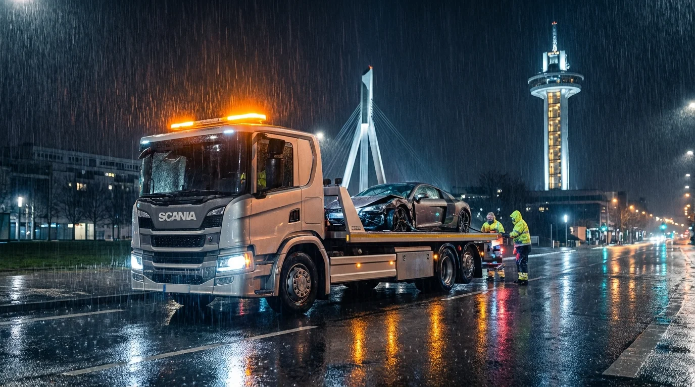 Dépanneuse Fast Depann en intervention nocturne devant l'Axe Majeur à Cergy