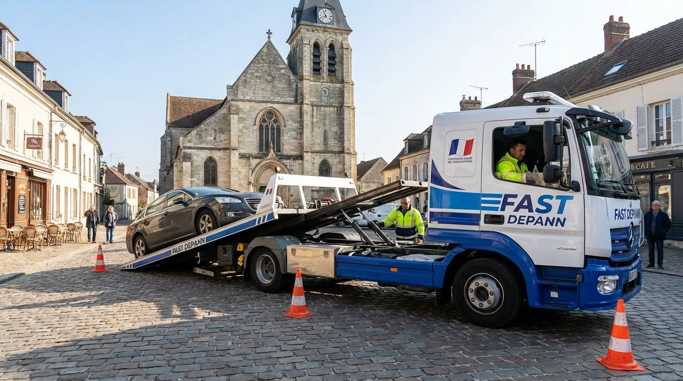 Dépanneuse Fast Depann en intervention à Champagne-sur-Oise devant l'église Notre-Dame de l'Assomption