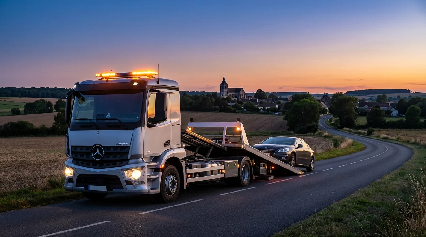 Dépanneuse chargeant une voiture en panne sur une route de campagne à Chars 95750 devant l'église au crépuscule.
