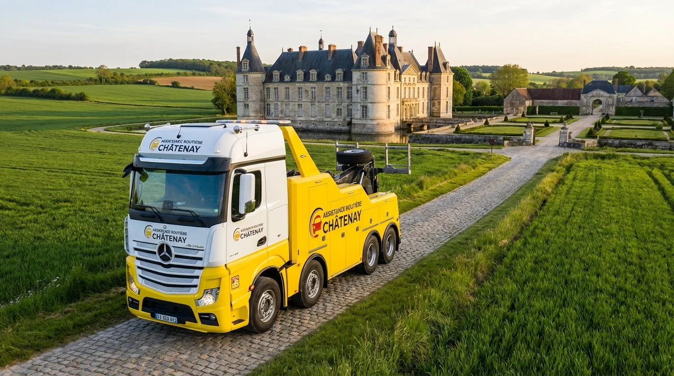 Dépanneuse Fast Depann en intervention à Châtenay-en-France devant le château historique