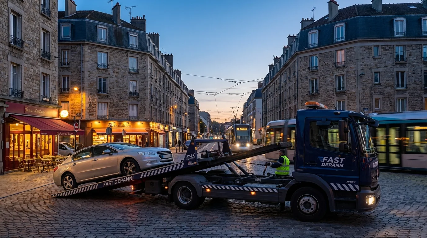 Dépanneuse Fast Depann en intervention d'urgence dans une rue de Châtillon (92320) pour remorquer une voiture en panne.