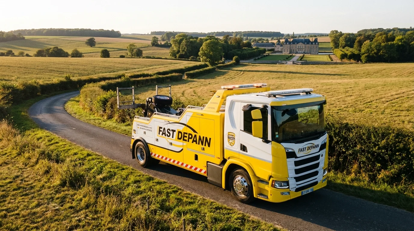 Dépanneuse Fast Depann en intervention sur une route de campagne à Chaussy dans le Vexin