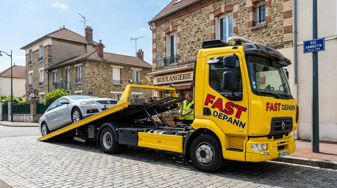 Dépanneuse Fast Depann en intervention de remorquage voiture dans une rue de Chelles 77500