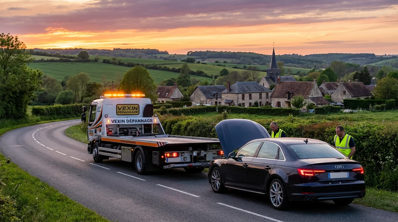 Dépanneuse intervenant sur la route des Crêtes à Chérence 95510 pour un remorquage auto.