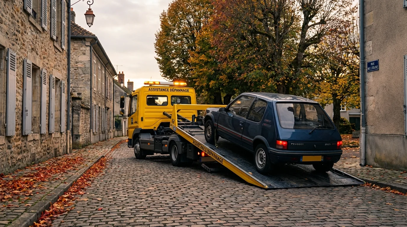Dépanneuse professionnelle intervenant sur une voiture en panne à Coubron (93470)