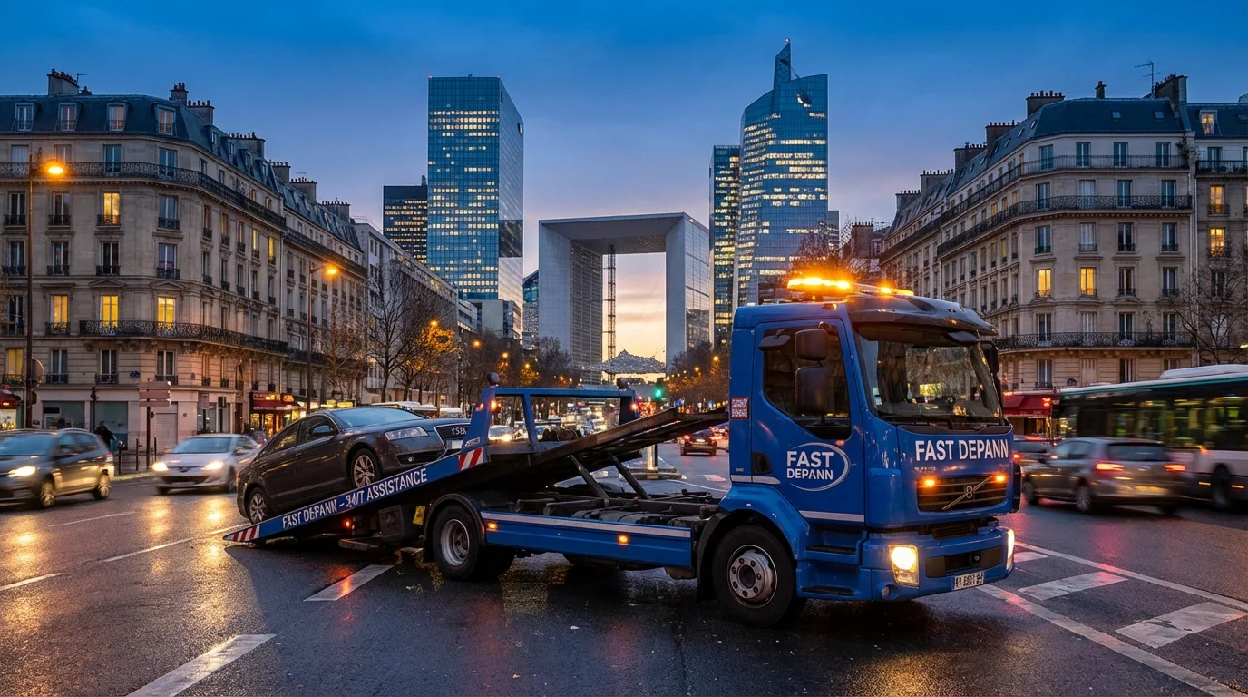 Camion de dépannage Fast Depann en intervention pour remorquer une voiture en panne dans une rue de Courbevoie avec les tours de La Défense en arrière-plan.
