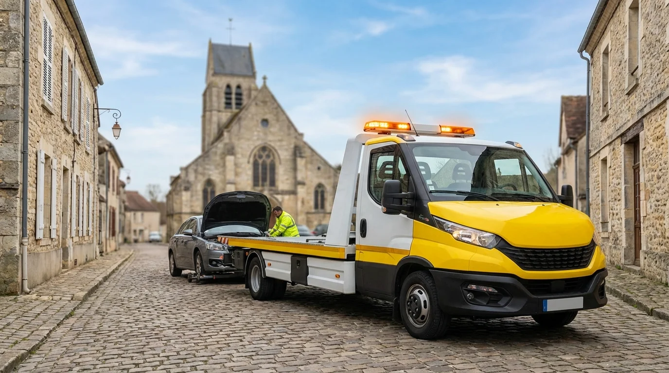 Dépanneuse Fast Depann intervenant pour une panne auto dans le vieux village de Courdimanche 95800 près de l'église