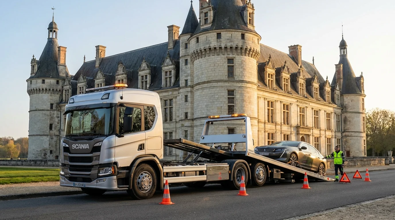 Dépanneuse Fast Depann intervenant devant le Château d'Écouen pour un remorquage voiture