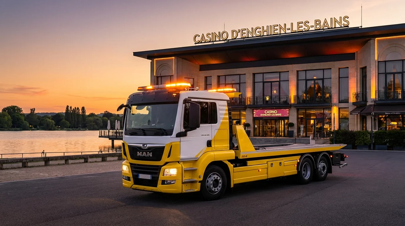 Dépanneuse Fast Depann intervenant devant le Casino d'Enghien-les-Bains au bord du lac