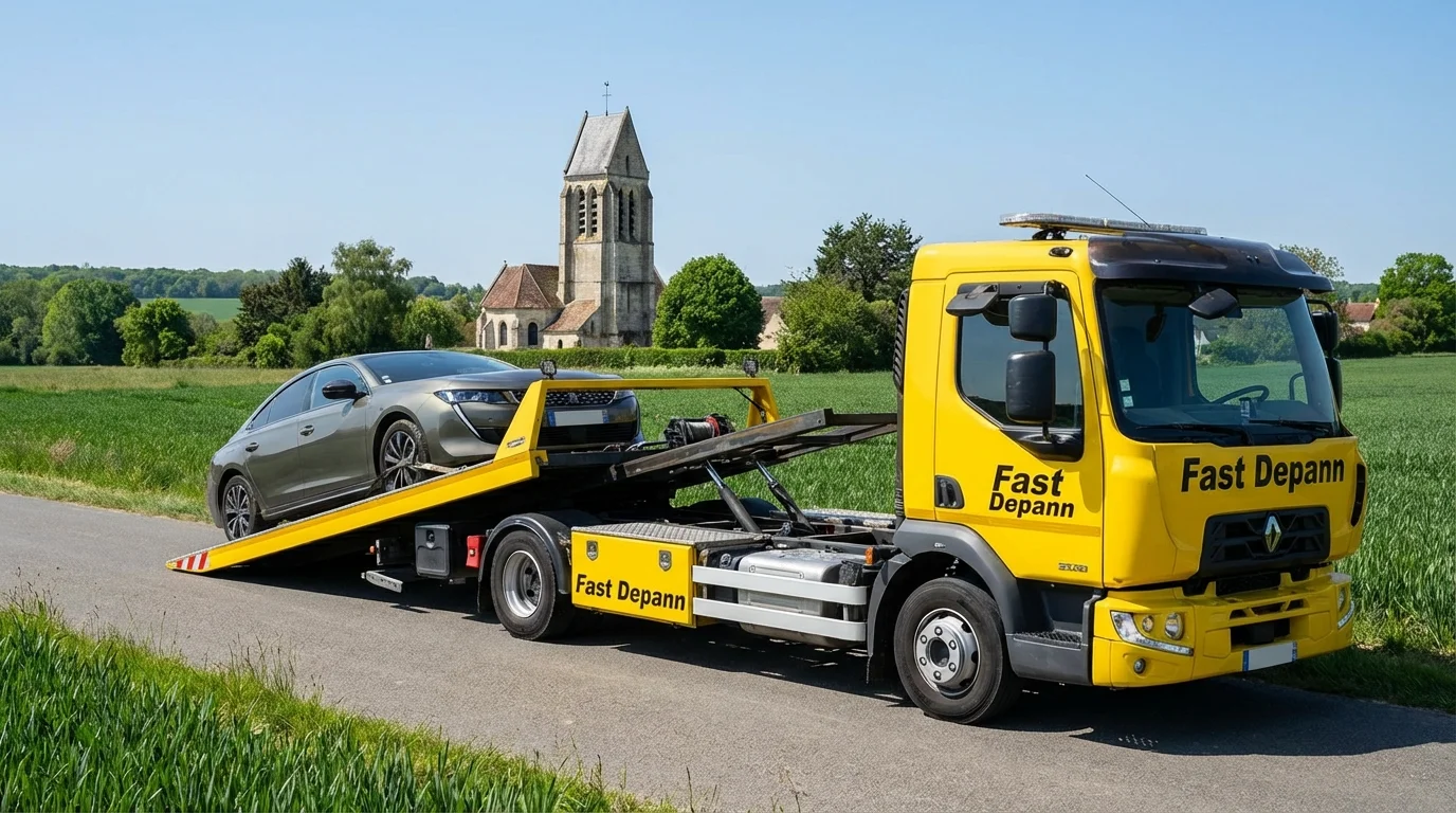 Dépanneuse Fast Depann en intervention à Ennery 95300 remorquant une voiture en panne près du centre-ville