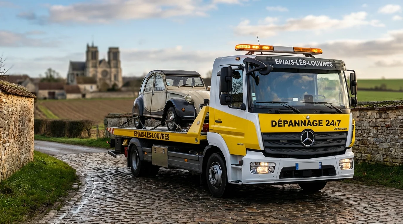 Dépanneuse Fast Depann intervenant près de l'église d'Epiais-lès-Louvres pour une assistance automobile d'urgence.