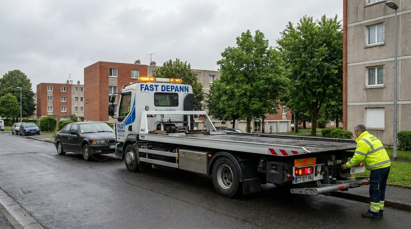 Dépanneuse Fast Depann en intervention de remorquage d'une voiture en panne dans une rue de Epinay-sous-Senart (91860).