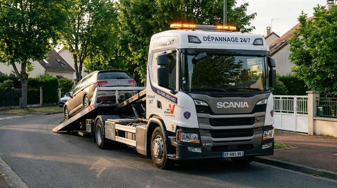 Dépanneuse Fast Depann intervenant pour une assistance auto dans une rue résidentielle d'Eragny-sur-Oise 95610