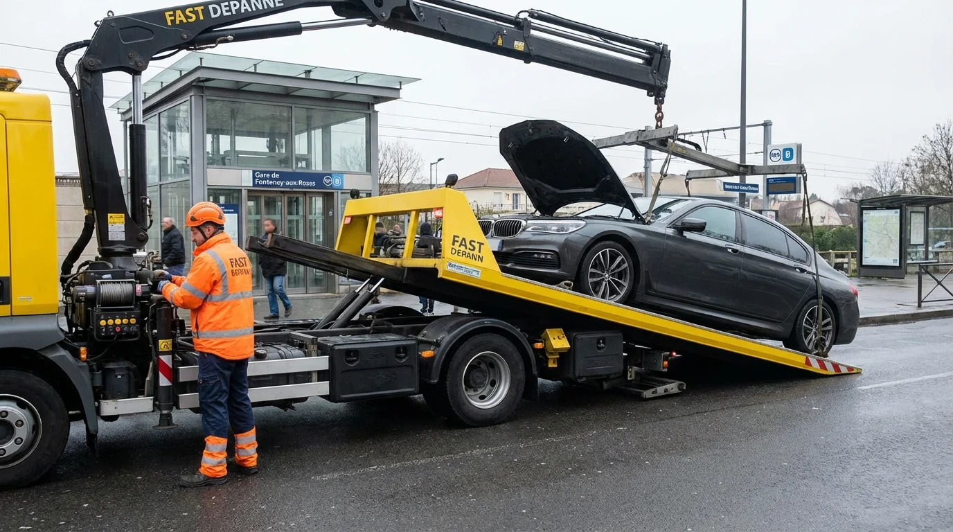 Véhicule de dépannage Fast Depann en intervention sur une voiture en panne avenue Lombard près de la gare RER de Fontenay-aux-Roses.