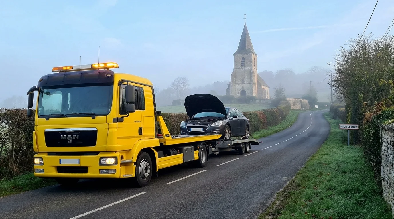 Camion de dépannage Fast Depann intervenant sur une voiture en panne à Frémécourt dans le Vexin