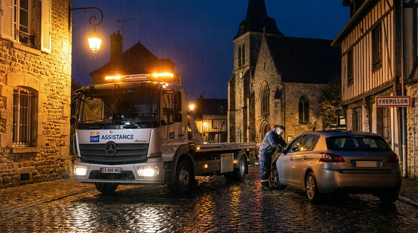 Dépanneuse Fast Depann en intervention nocturne dans une rue de Frepillon 95740 pour un remorquage voiture.