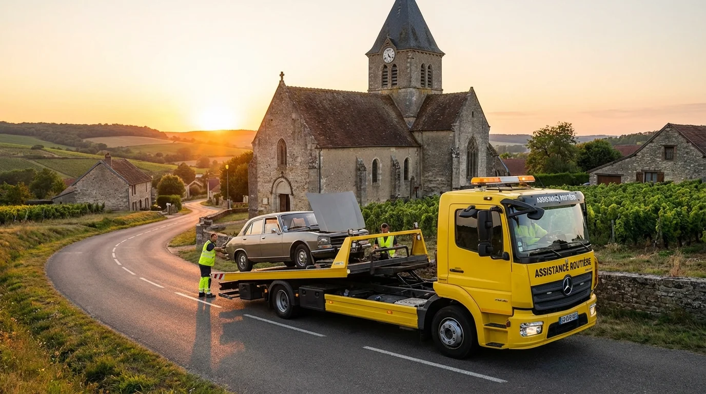 Camion de dépannage Fast Depann intervenant sur une route de campagne à Frouville 95690