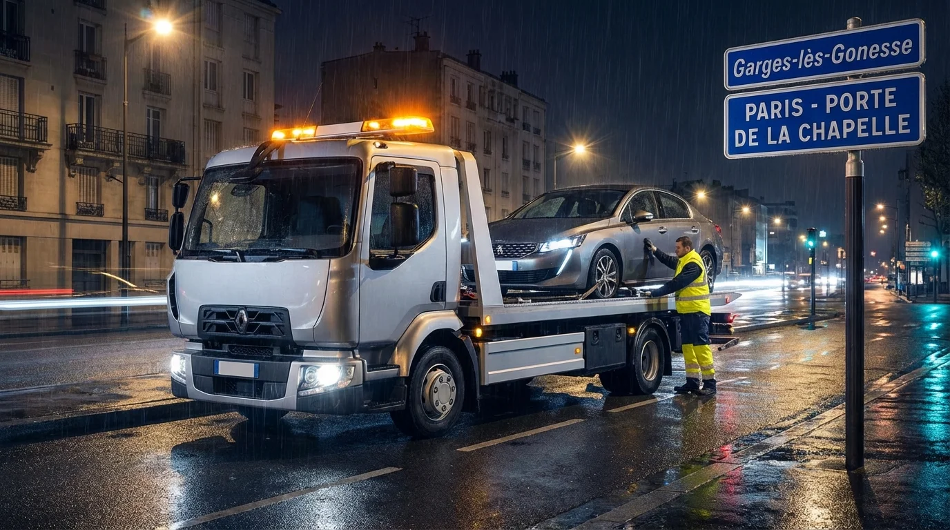Intervention de dépannage auto d'urgence par Fast Depann dans les rues de Garges-lès-Gonesse de nuit.