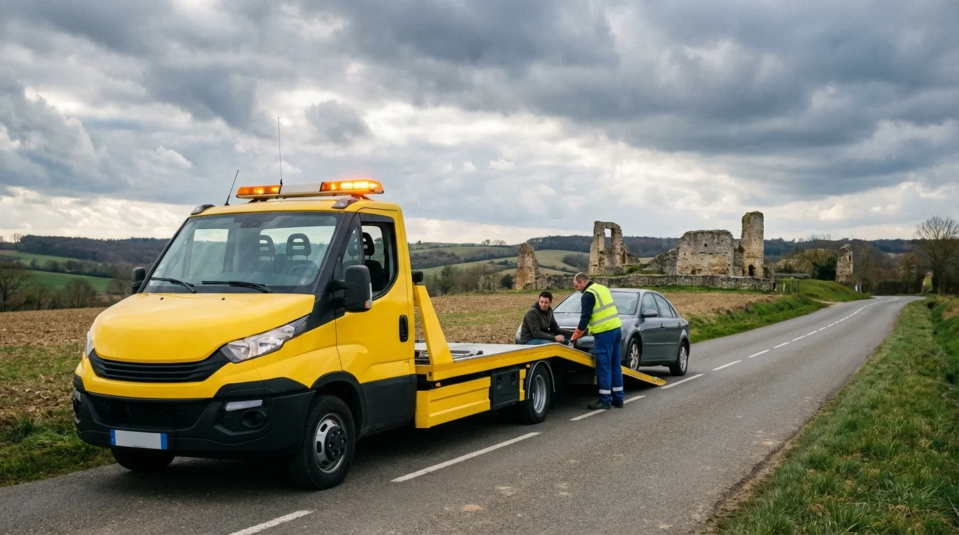 Intervention de dépannage auto Fast Depann sur une route de campagne à Genainville près du site archéologique des Vaux-de-la-Celle.