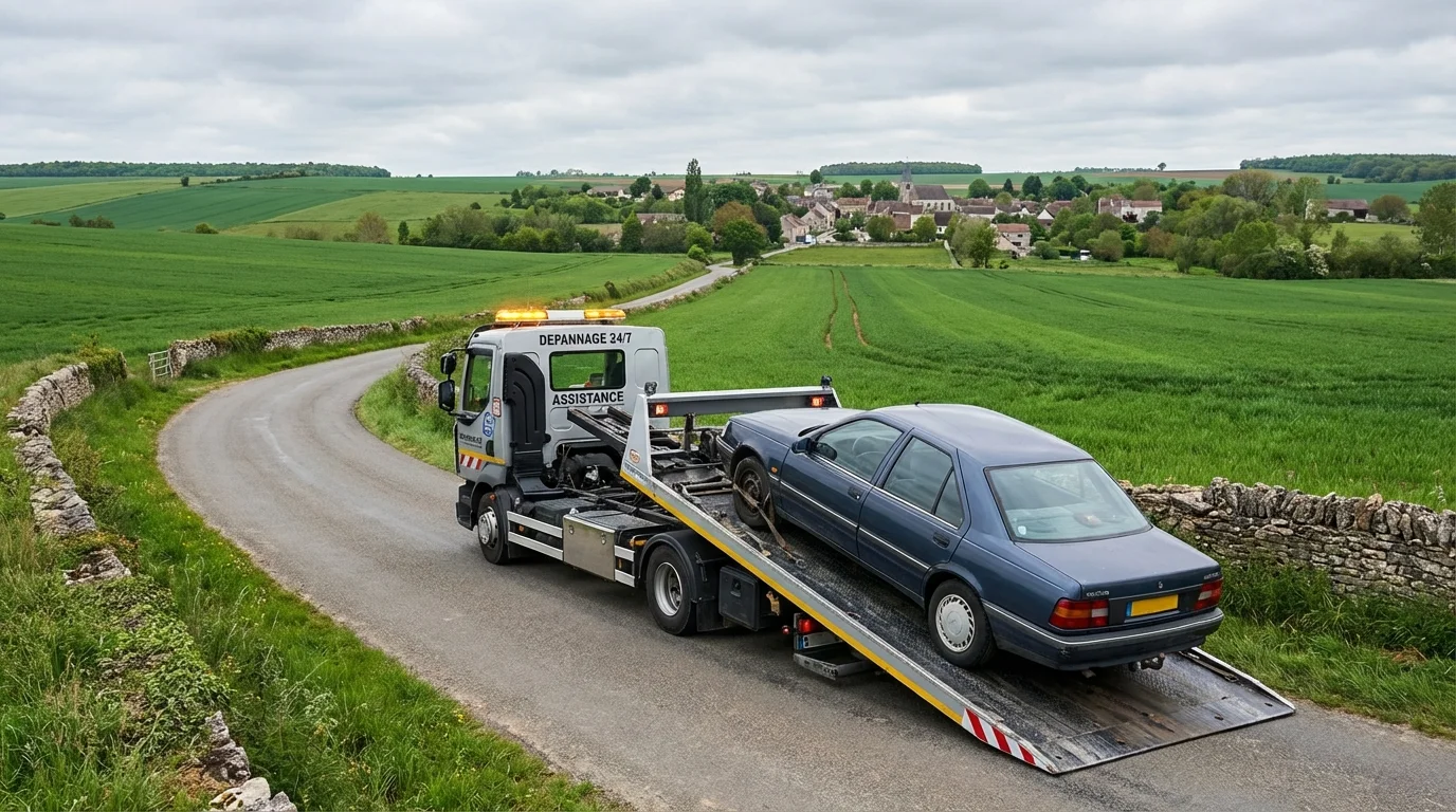 Dépanneuse Fast Depann en intervention de remorquage sur une route de campagne près de Genicourt 95650
