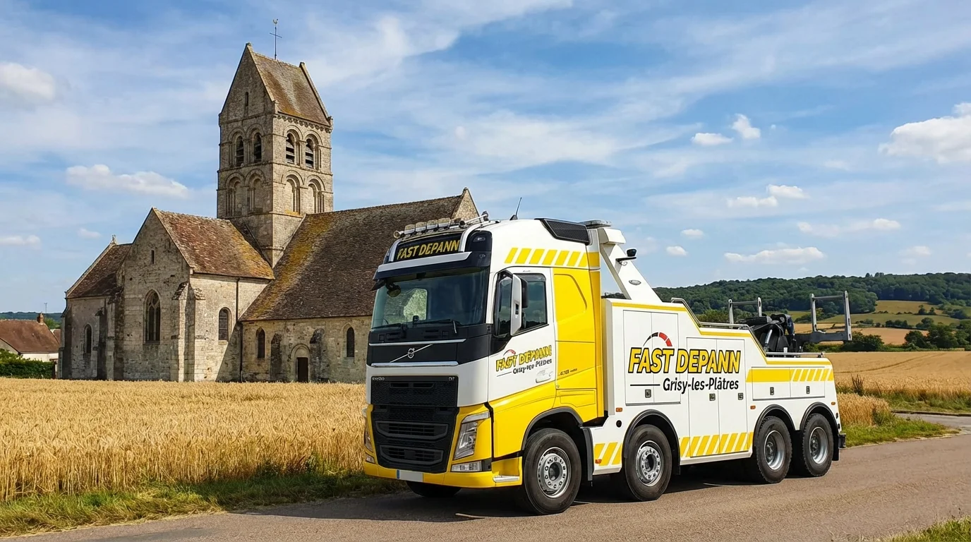 Dépanneuse Fast Depann en intervention devant l'église de Grisy-les-Plâtres dans le Val-d'Oise