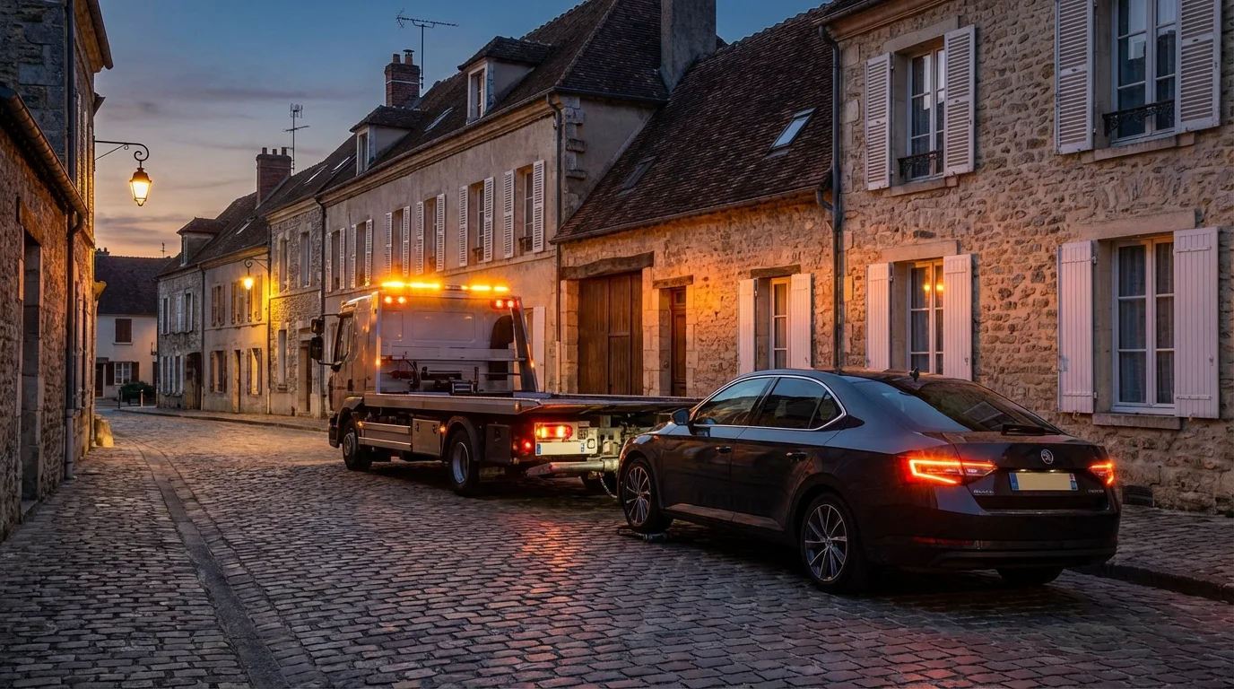 Dépanneuse Fast Depann intervenant sur une voiture en panne dans une rue de Groslay 95410
