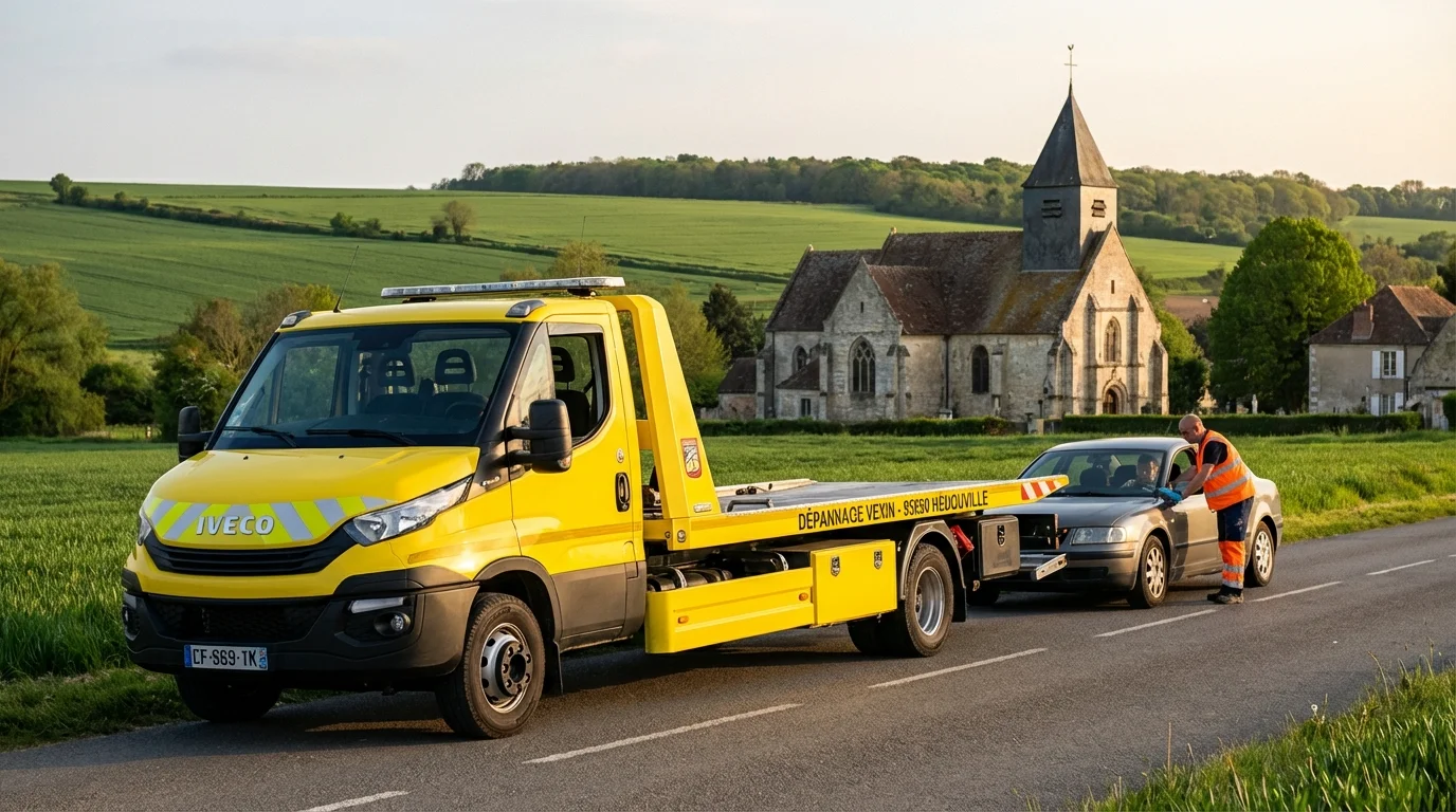 Dépanneuse Fast Depann en intervention sur une route de campagne à Hédouville 95690 près de l'église