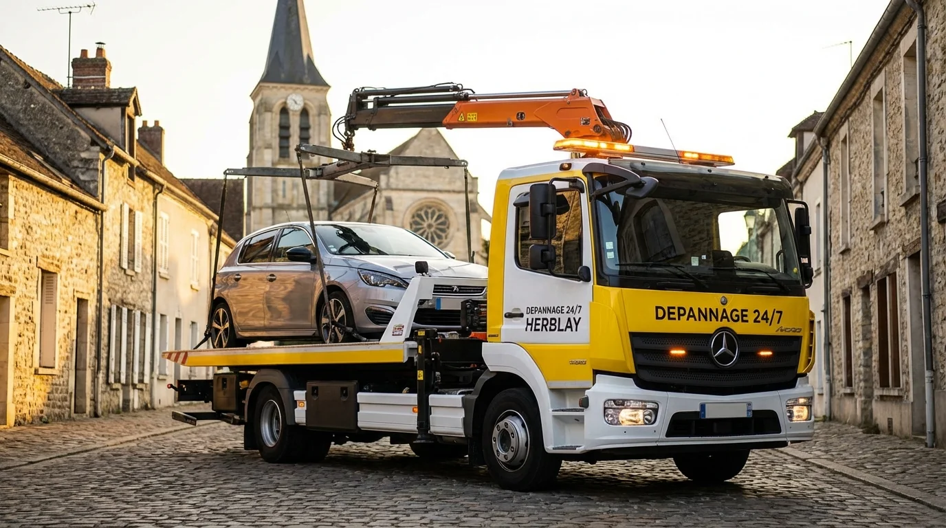 Dépanneuse Fast Depann intervenant pour un remorquage auto à Herblay-sur-Seine près de l'église Saint-Martin