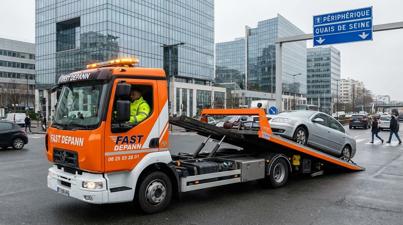 Dépanneuse Fast Depann en intervention de remorquage d'une voiture en panne dans une rue du quartier d'affaires Val de Seine à Issy-les-Moulineaux.