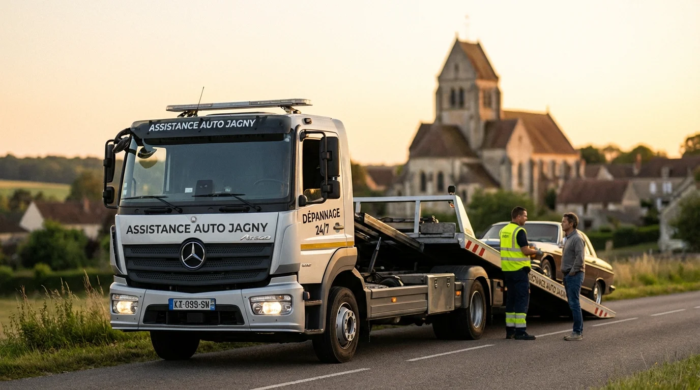 Dépanneuse Fast Depann en intervention sur une route de Jagny-sous-Bois près de l'église Saint-Léger