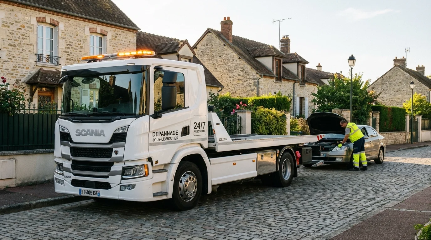 Dépanneuse Fast Depann intervenant pour une panne auto dans une rue de Jouy-le-Moutier 95280