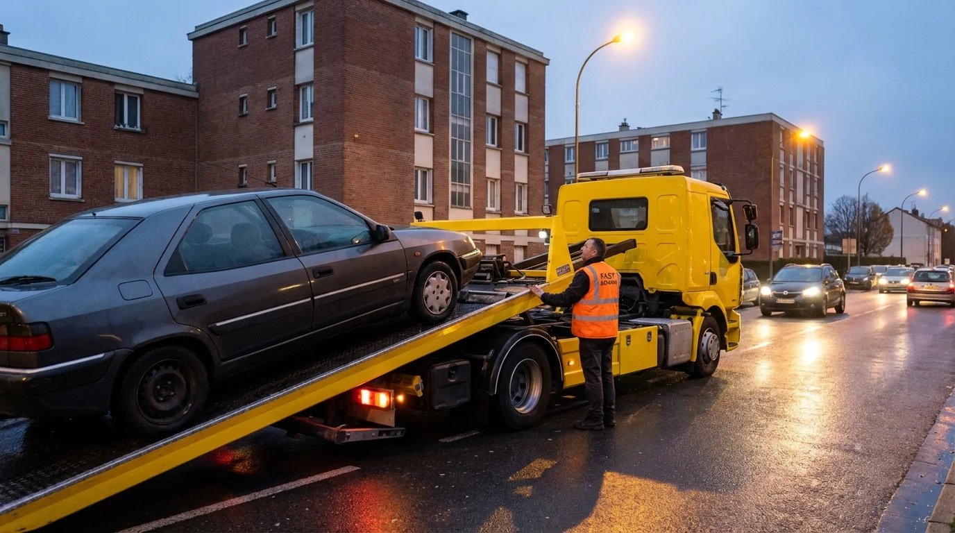 Dépanneuse Fast Depann en intervention remorquage voiture rue de La Courneuve 93120